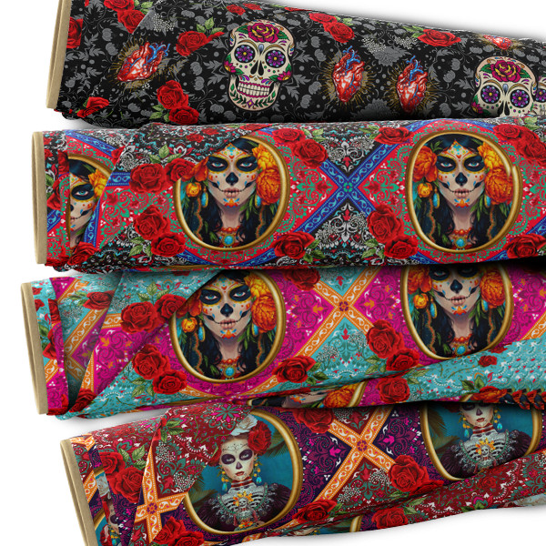 Tecido Tricoline Digital Boneca Caveira Mexicana Bandana Flores Rosas Painel Artesanato