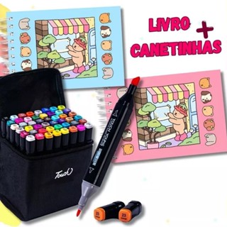Kit Livro De Colorir Capa Brilhante 50 Páginas + Canetinhas Marca Texto 24/36/48 Cores em Oferta na Shopee