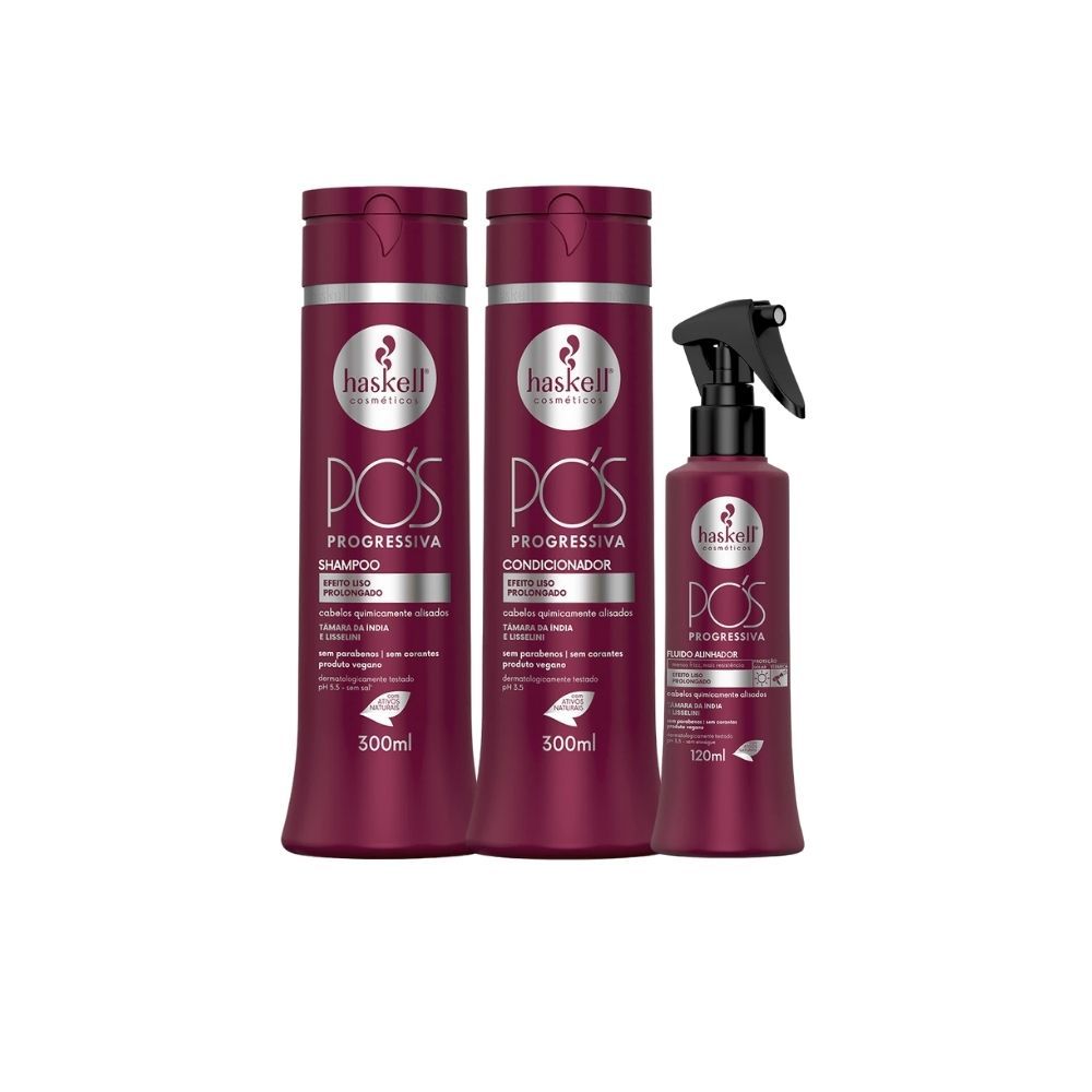 KIT PÓS PROGRESSIVA HASKELL- SHAMPOO, CONDICIONADOR E FLUIDO - Cuidado para Cabelos Quimicamente Alisados