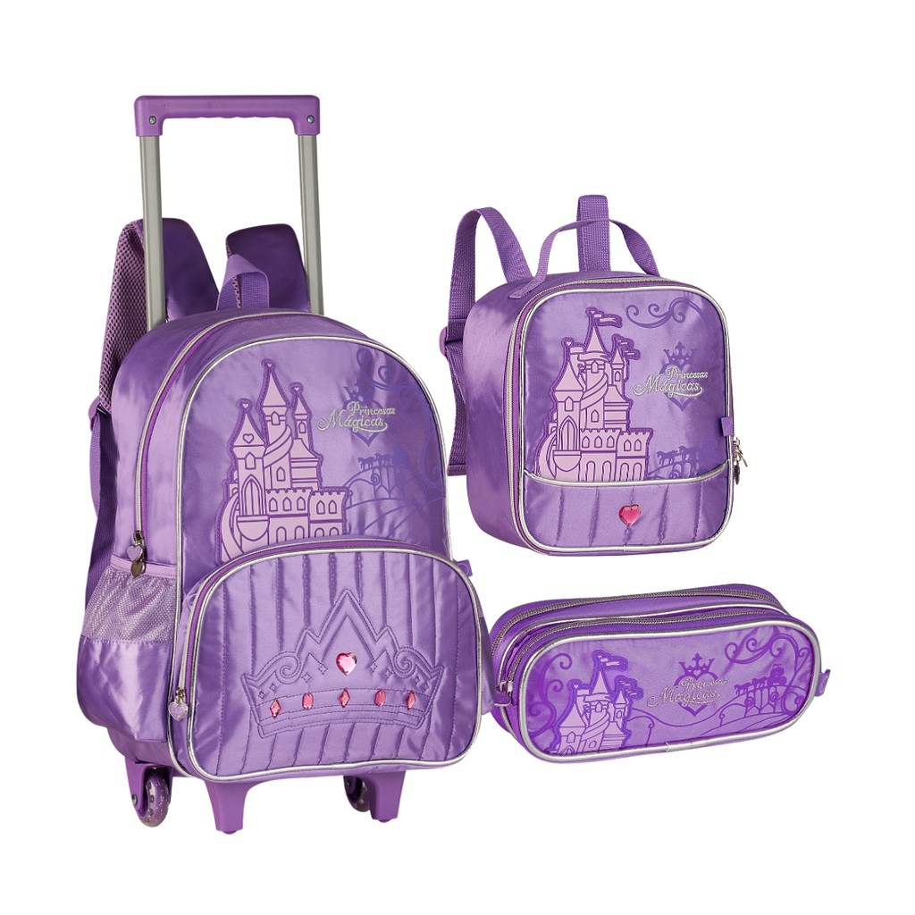Kit Mochila De Rodinhas Interativa Possui Luzes Princesas Mágicas Com Lancheira E Estojo Duplo Infantil Escolar - Clio