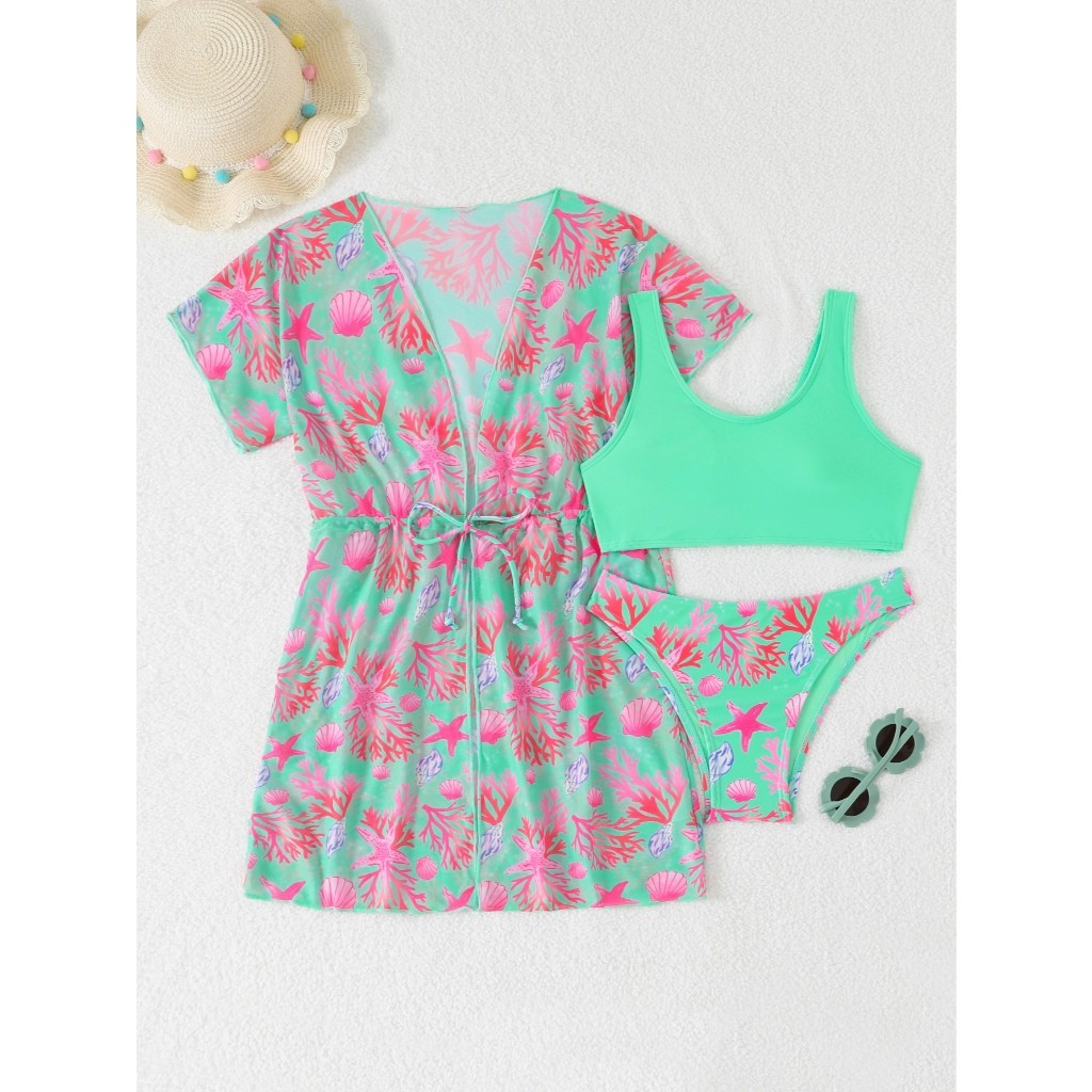 RWX VEST Conjunto Jovem 3 Peças com Saída de Praia Estampada - Perfeito para o Verão! 2025 J3612 em Oferta na Shopee