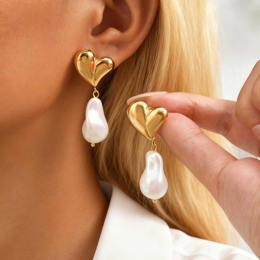 Vnox Em Forma De Coração Oval Pedra Natural Pérola Pingente Brincos De Aço Inoxidável Hipoalergênico Requintado Feminino · foto 2