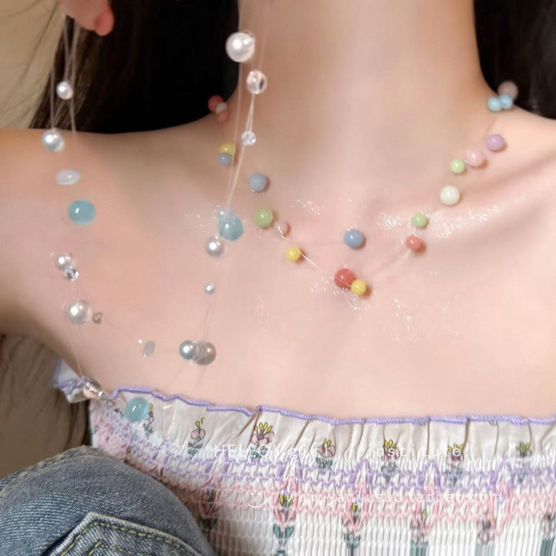 colar femenino colar aço inoxidável Verão colorido frisado pérola colar feminino Multi-camadas colar acessórios luz lu
