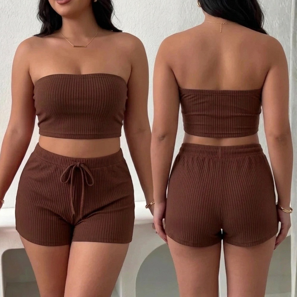 Conjunto Plus Size Feminino Cropped e Short Conjunto Feminino Verão Canelado Top e Shorts Duas Peças Tamanho 36 ao 58