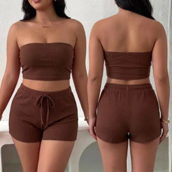 Conjunto Plus Size Feminino Cropped e Short Conjunto Feminino Verão Canelado Top e Shorts Duas Peças Tamanho 36 ao 58