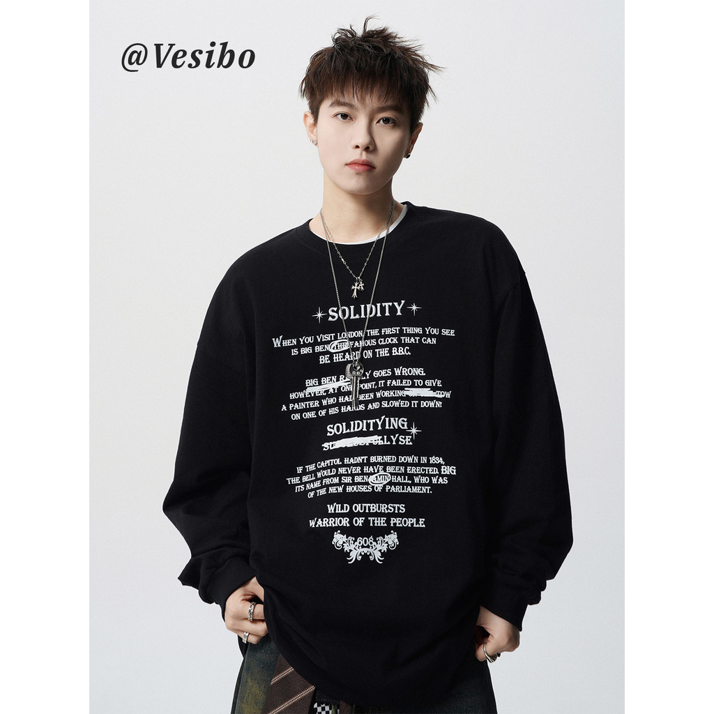 Carta americana impressa camiseta de manga comprida masculina verão street Wear solto Casual camisa de fundo vibe High s