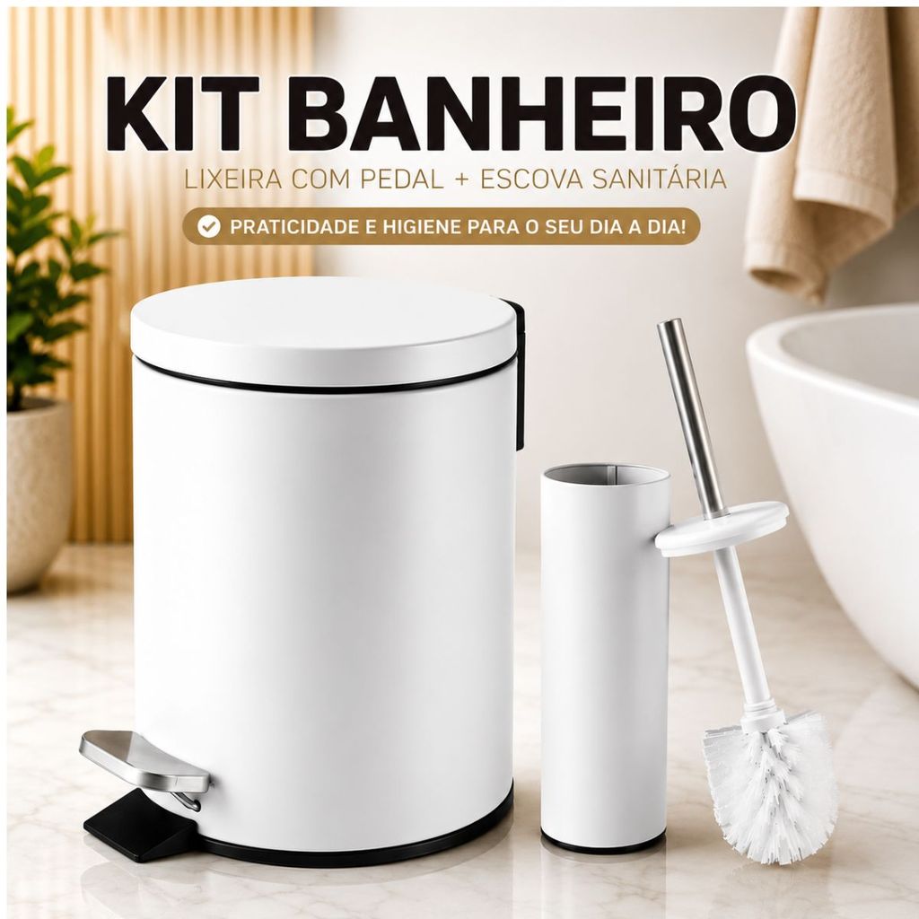 Kit Lixeira Inox Branco Matte 3 ou  5 Litros + Escova Inox Branca Banheiro Sofisticado