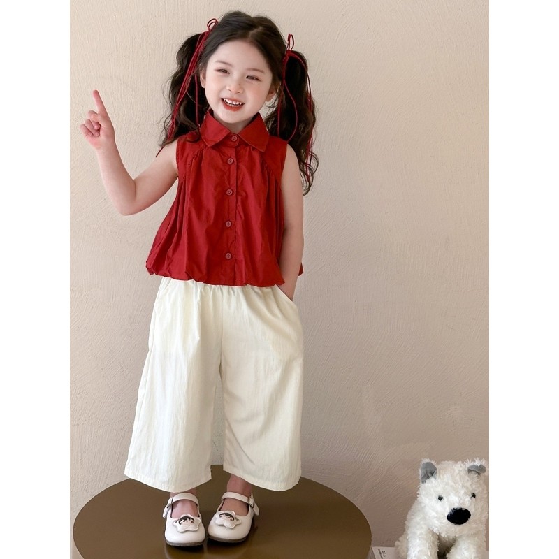 Vermelho meninas verão terno 2026 novo estilo moda verão moda crianças terno de duas peças bebê menina flor Bud verão