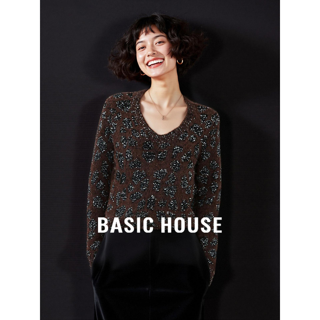 Casa básica/casa básica Retro leopardo impressão lantejoulas com lã com decote em V macio ceroso camisola feminina outon