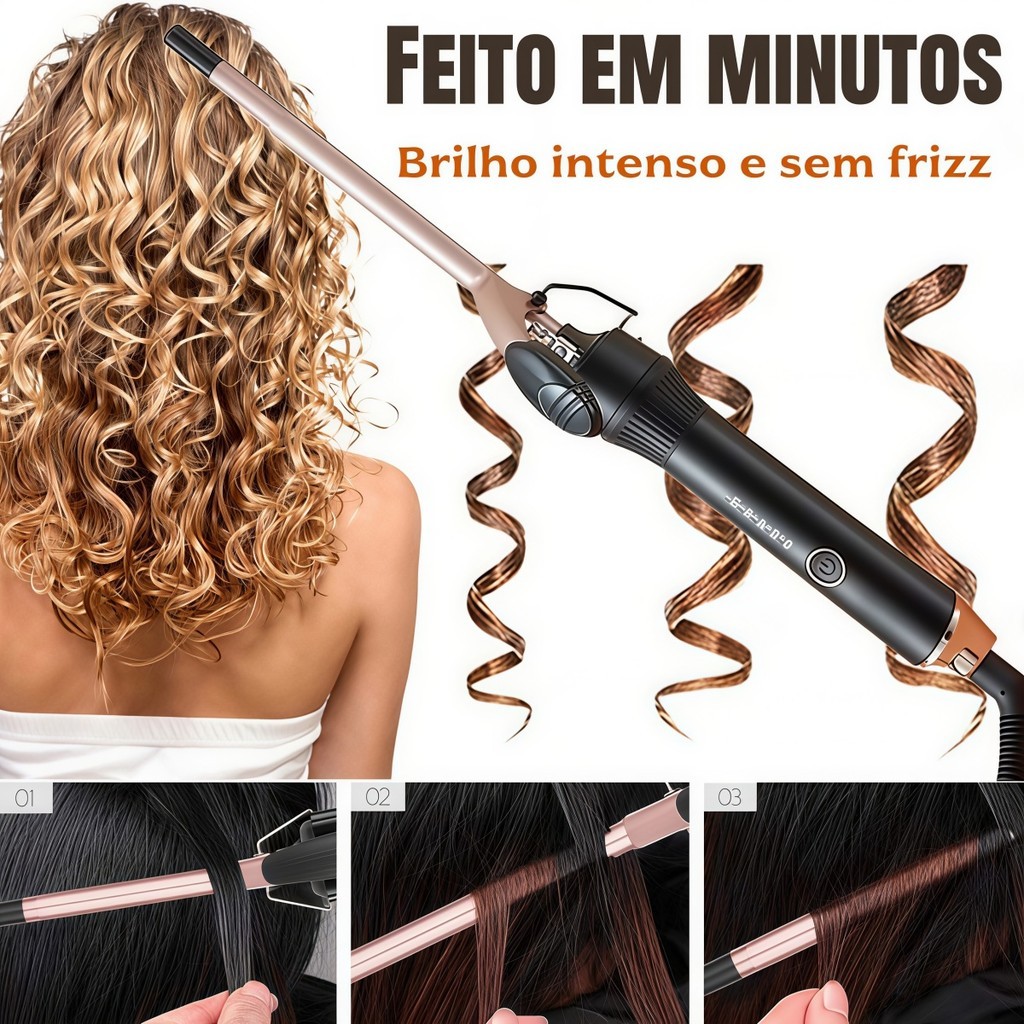 Modelador de Cachos Profissional Barril 9mm, Cachos Finos e Definidos, Aquecimento Rápido Bivolt