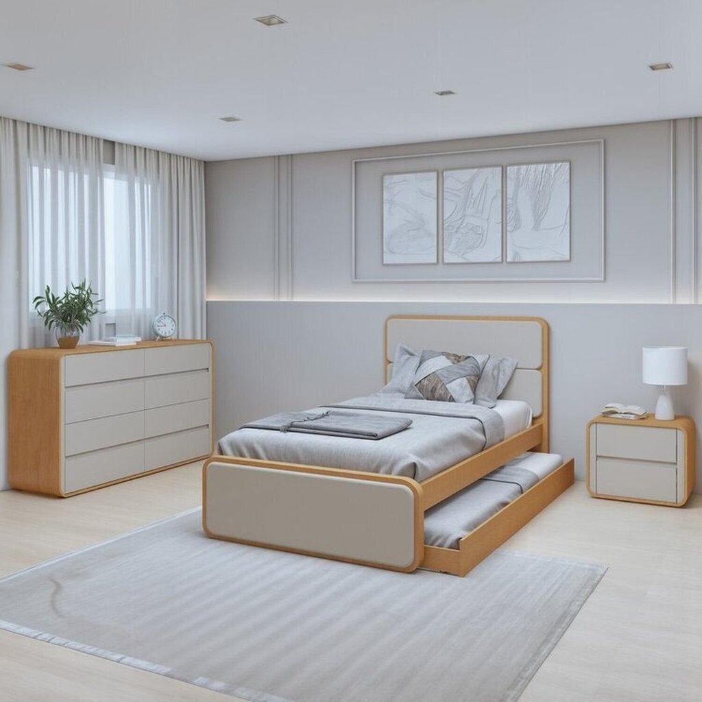 Conjunto de Quarto com Cama Solteiro Cômoda e Mesa de Cabeceira Loop Marrom Amêndoa Clean/Off White