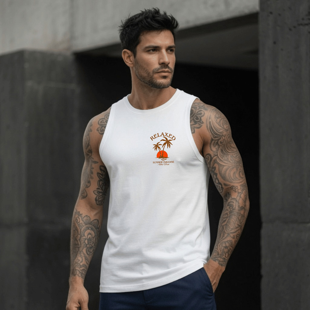 Regata Masculina Estampada Relaxed Coqueiro 100% Algodão Academia Premium Casual Streetwear Verão Camiseta Cavada