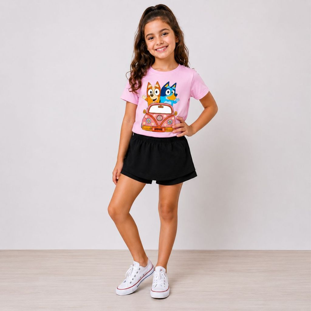 Conjunto Bluey Infantil Menina Camiseta Algodão Short-Saia Roupa Infantil Feminina Tamanhos 02 ao 14