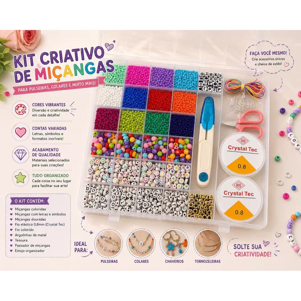 Kit Miçangas para Fazer Pulseira Infantil Colorida Bijuteria Colar Phone Strap 1800 pçs