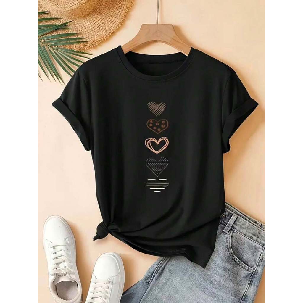 Camiseta feminina estampada cinco coração delicados estampada camisa 100% algodão moda verão tecido leve confortável