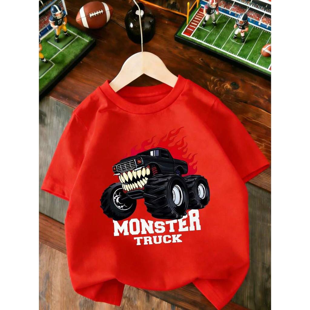Camiseta Moda infantil Menino Estampa de Caminhão Monstro Camisa 100% Algodão Adulto Desenho Premium