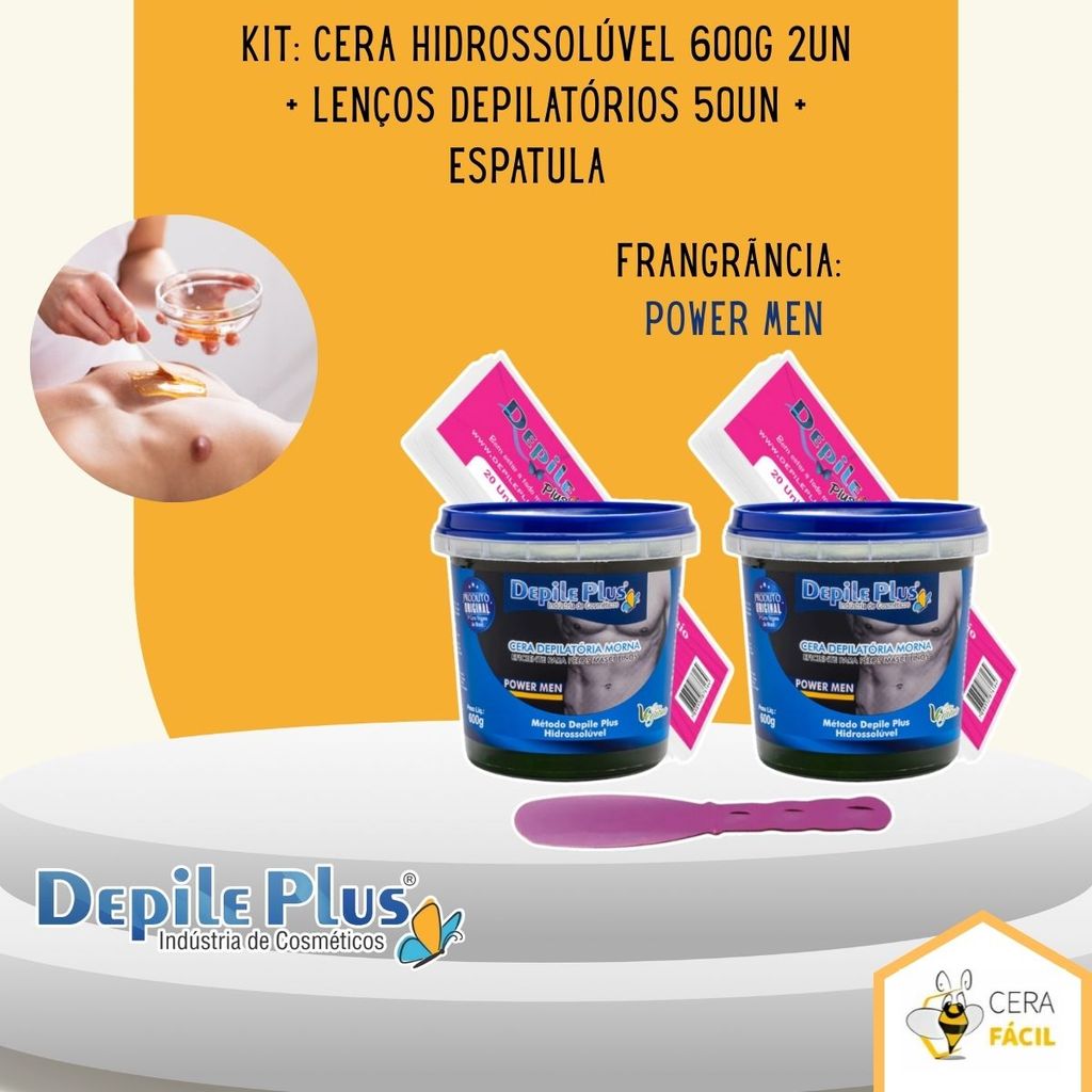Kit 02 un Cera Hidrossolúvel 600g + Lenços Depilatórios 50un com Espatula Depile Plus — imagem 2 de 2