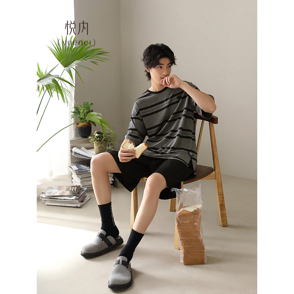Yue pijamas internos masculinos verão verão verão puro algodão Shorts de manga curta Loungewear masculino em torno do pe