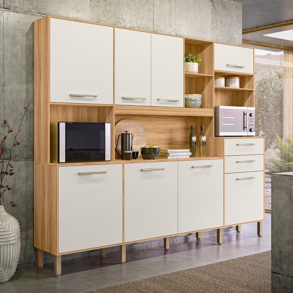 Armário de Cozinha Compacta 8 Portas 2 Gavetas Freijó e Off White Hortelã Branco/Cristal Freijó/Off White