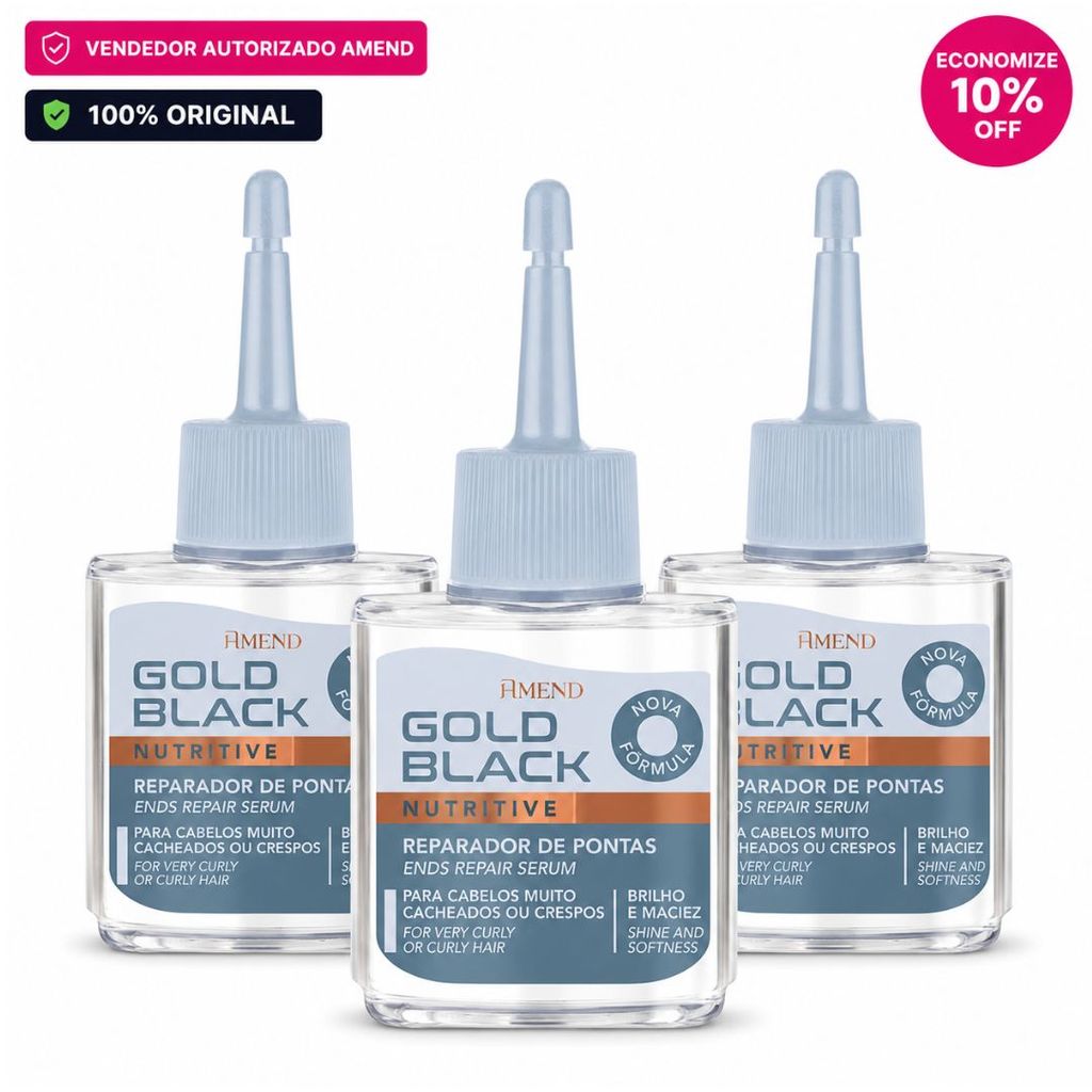 Kit 3 Reparador Pontas Cabelos Cacheados Amend Cosmetics Gold Black 30ml