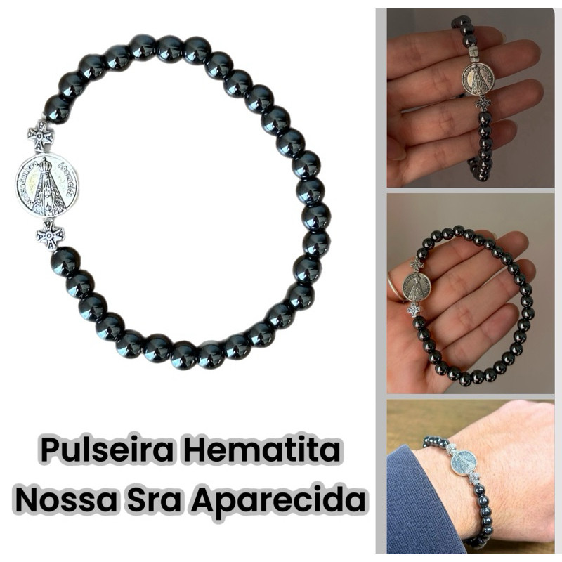 Pulseira de Hematita com Medalha de Nossa Senhora Aparecida