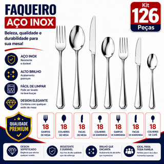 Kit Talheres Inox Completo 42 84 ou 126 Peças Garfos Colheres Facas Mesa Sobremesa e Café Alta Qualidade