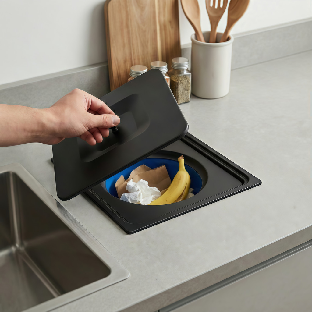 Lixeira de Embutir Quadrada Tampa Em Inox 8L Preta Bancada de Cozinha Moderna e Limpa
