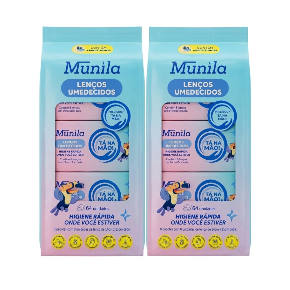Kit 128 Lenços Umedecido Higiene Mão Rosto Sem Álcool Munila