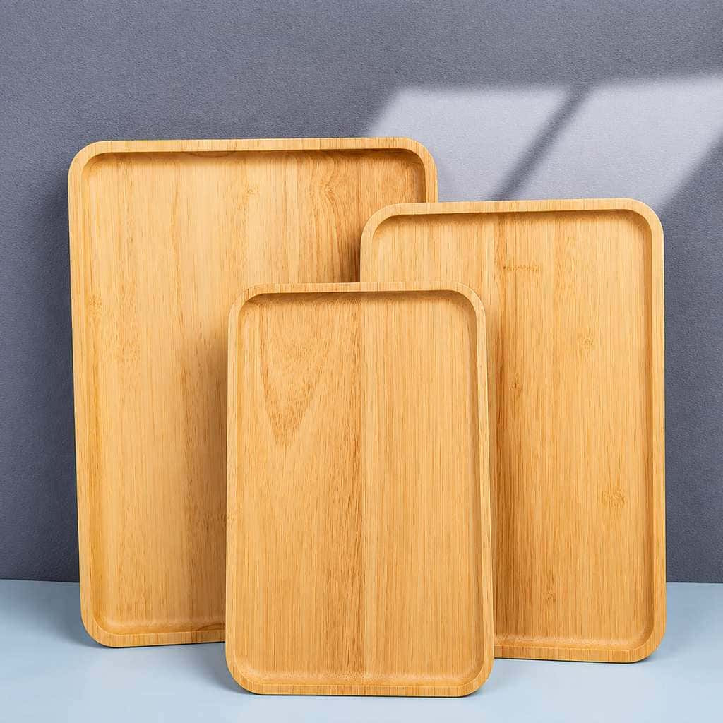 Kit 3 Bandejas Retangulares Estilo Bambu Café da Manhã Lanche Decoração Organização 3 Tamanhos