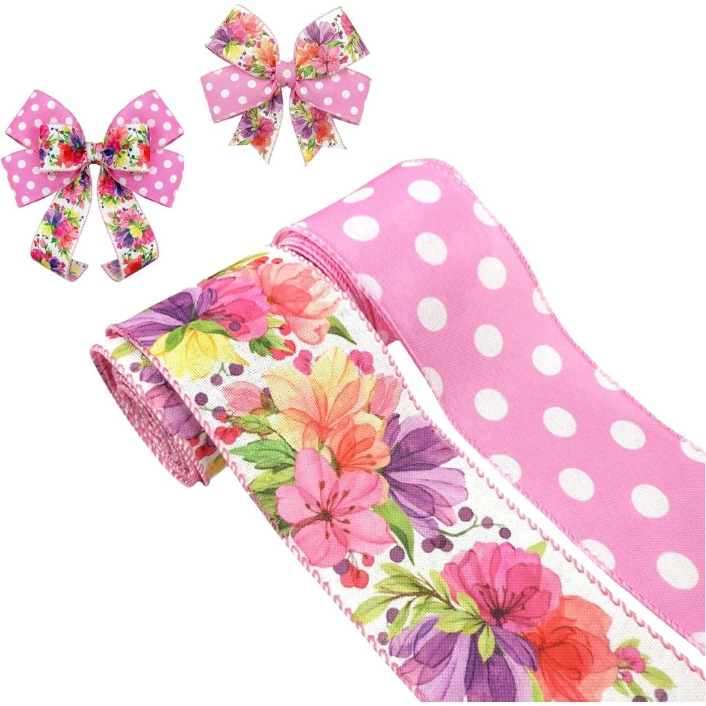 Fita Floral Rosa de Primavera com Arame, 2 Rolos de Fita Decorativa Love Shack com Bolinhas Brancas e Flores Coloridas p