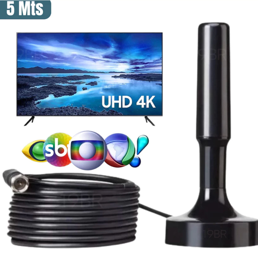 Antena Digital Amplificada Interna e Externa 3-5 Metros Base Imã Prova d'água 4DBI 4K HDTV/UHF/VHF
