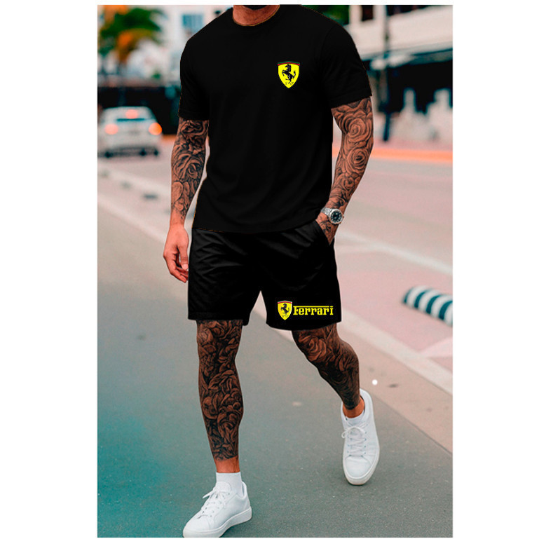 Kit Camiseta + Short Tectel Ferrari Camisa 100% Algodão Bermuda Tactel