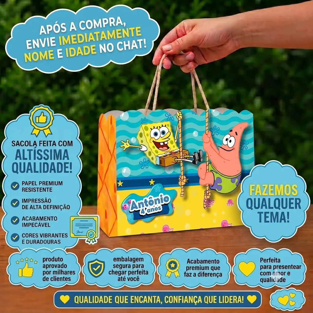 Sacolinhas Surpresa Personalizadas Bob Esponja Lembrancinha Aniversário Com Nome e Idade Sacola Papel Festa Infantil