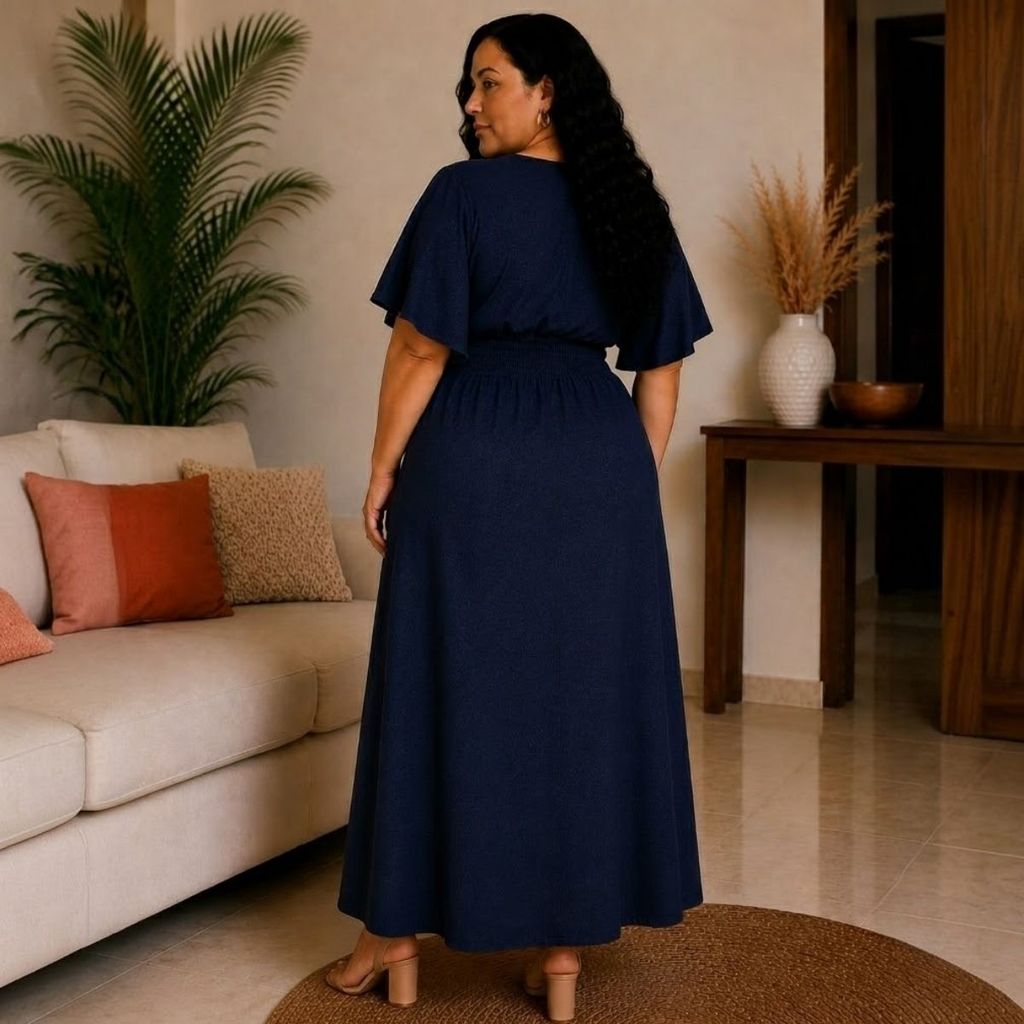 Vestido Plus Size Midi Feminino Manga Borboleta Decote V Soltinho Moda Evangélica Elegante Chique — imagem 2 de 2