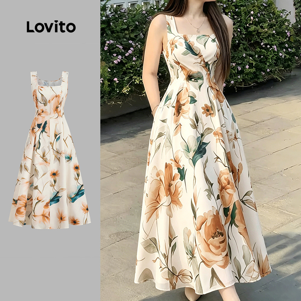 (New Arrival) Lovito Padrão de Vestido Elegante com Babados Vestido de Primavera