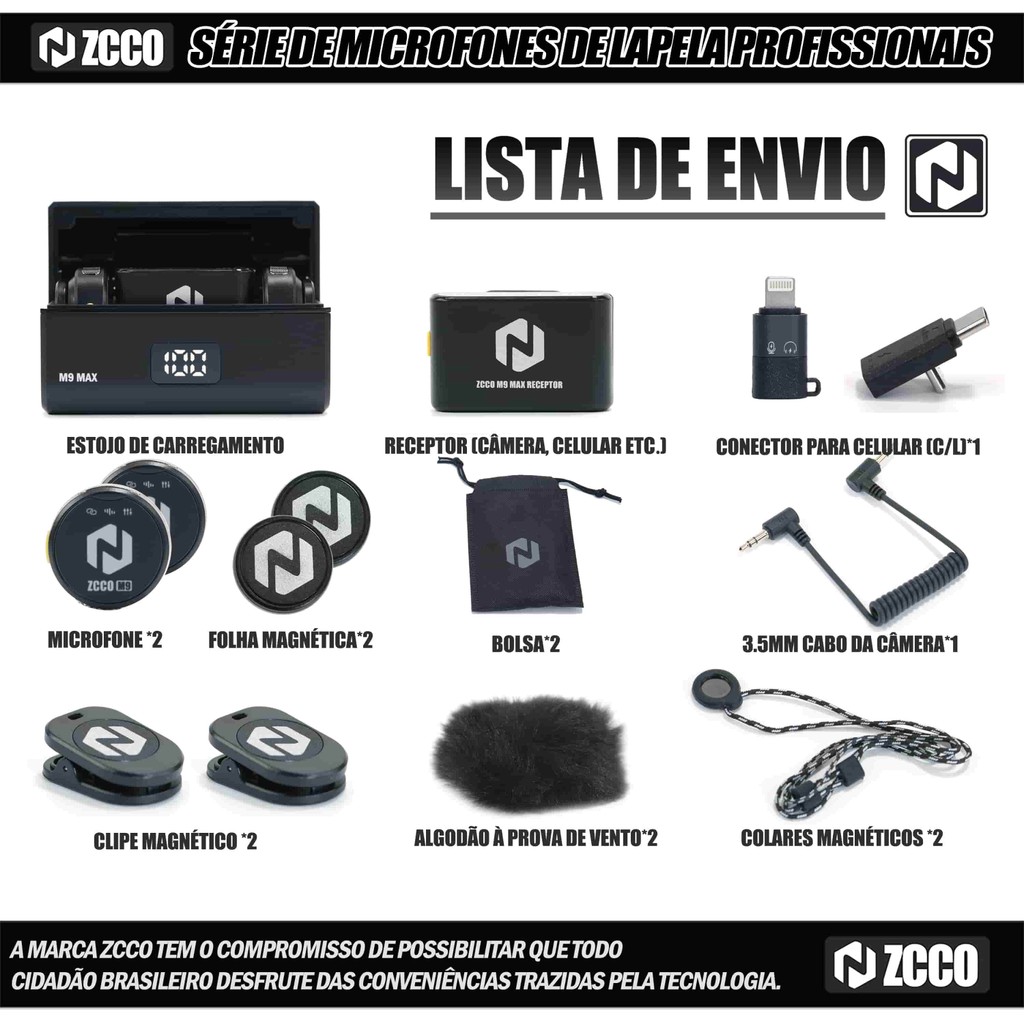 ZCCOBR M9 Max Microfone Lapela Duplo Magnético Redução Ruído Alta Definição 48kHz 24Bit Compatível iPhone Android Vlog