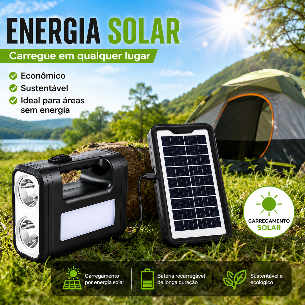 Kit Lanterna Solar LED Power Bank Painel Solar 3 Lâmpadas Recarregável Camping Emergência