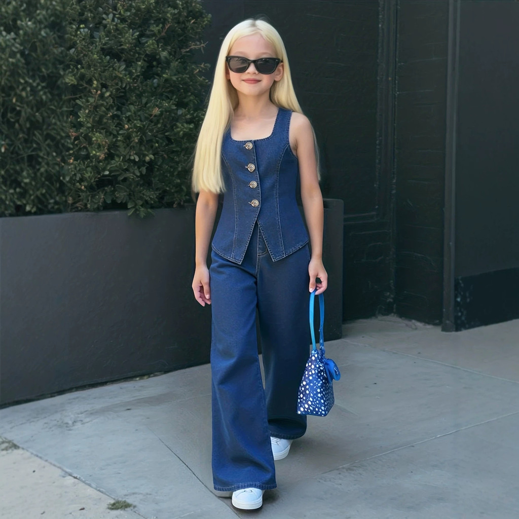 [Estoque pronto] INS Meninas Retro Moda Real Denim Conjunto de Duas Peças Fivela Sem Mangas Colete Cintura Elástica Calç