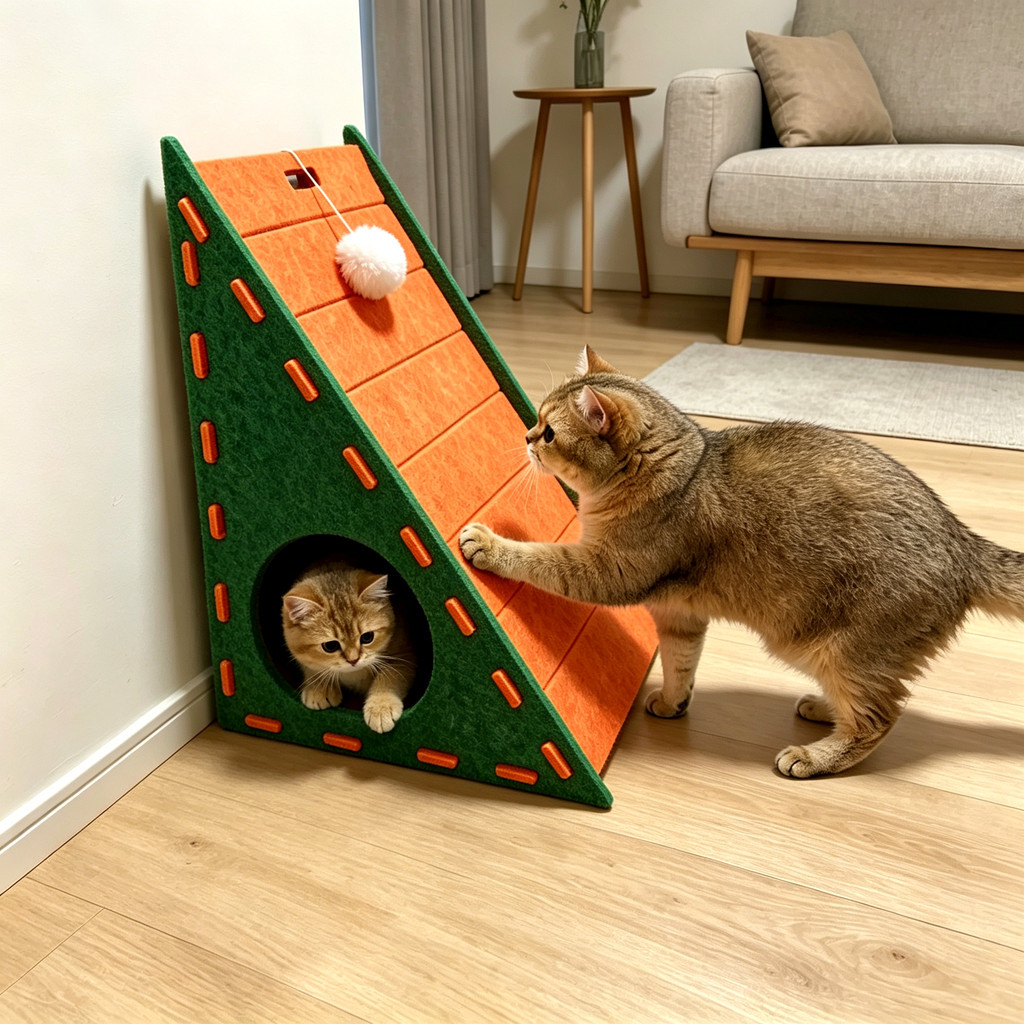 Abrigo arranhador multifuncional para gatos, triangular robusto em feltro, brinquedo pendente, protege sofá e móveis
