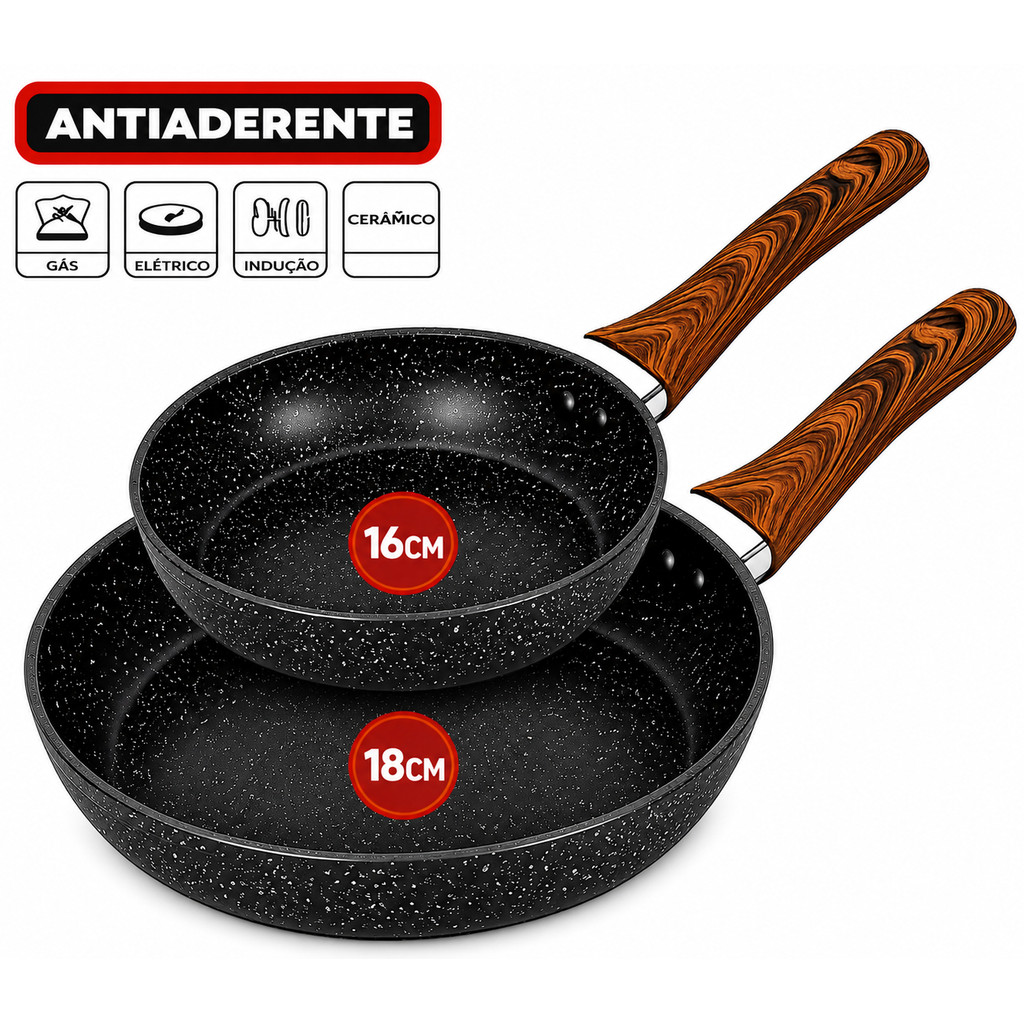 2/1 Frigideira Indução 16 e 18cm Granito Antiaderente em Alumínio, Revestimento Cerâmico Premium Cabo Madeira