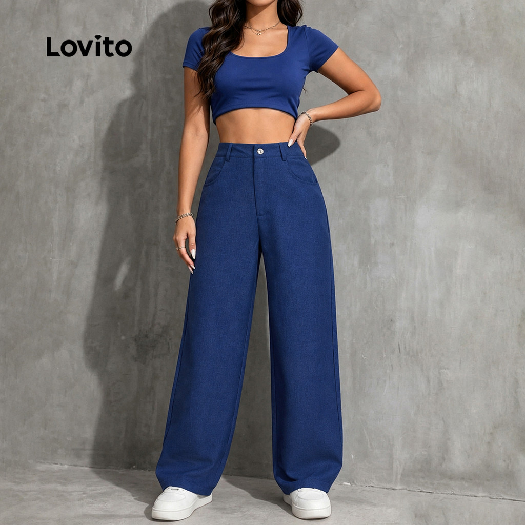 Lovito Calça Casual Feminina Azulescuro de Primavera/verão com Botão Bolso e zíper PTK8BR237 · foto 2