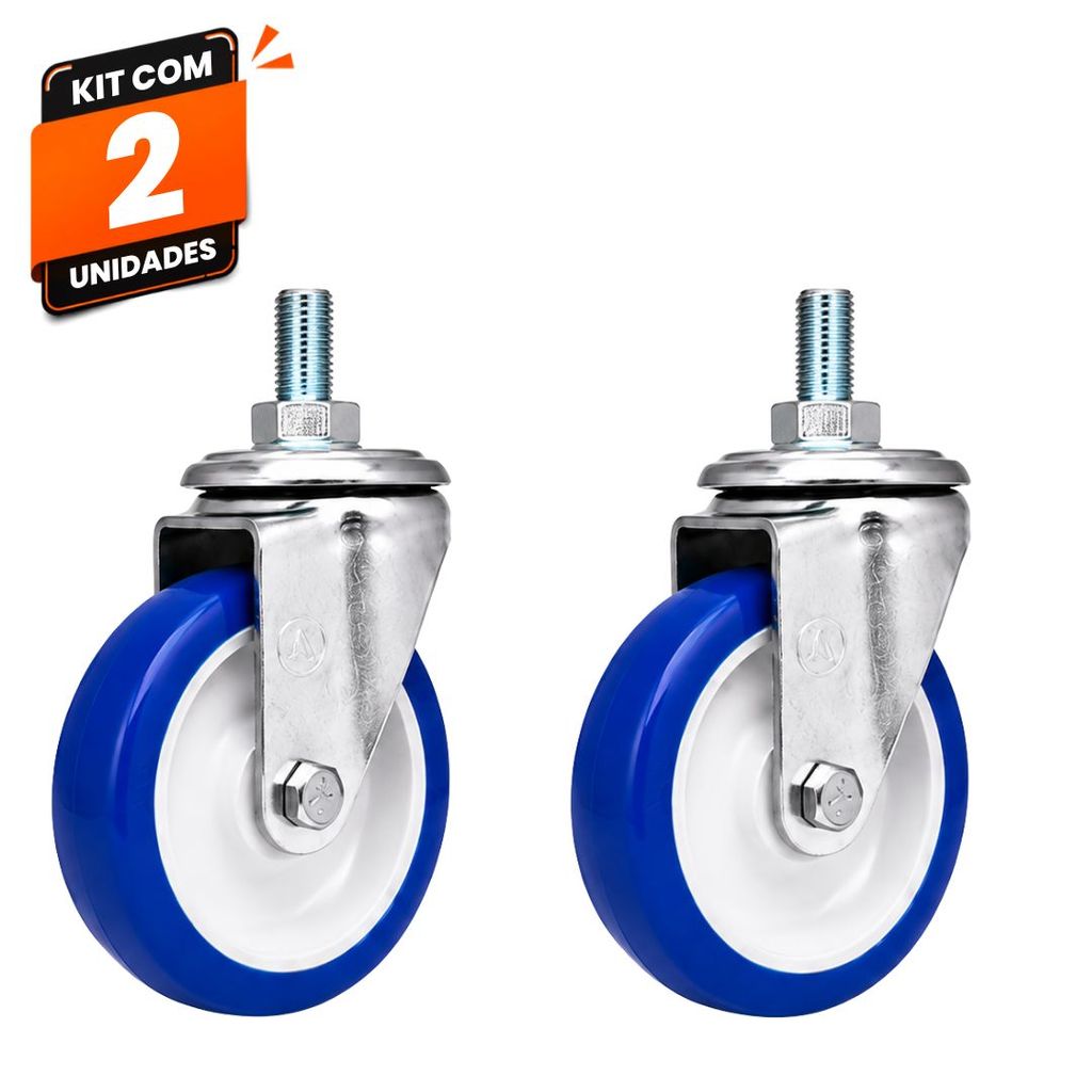 Kit 2 Rodas Rodinhas Giratórias Carrinho Supermercado Mercado Ajax Rosca 5" PVC Azul 120kg Alta Resistência
