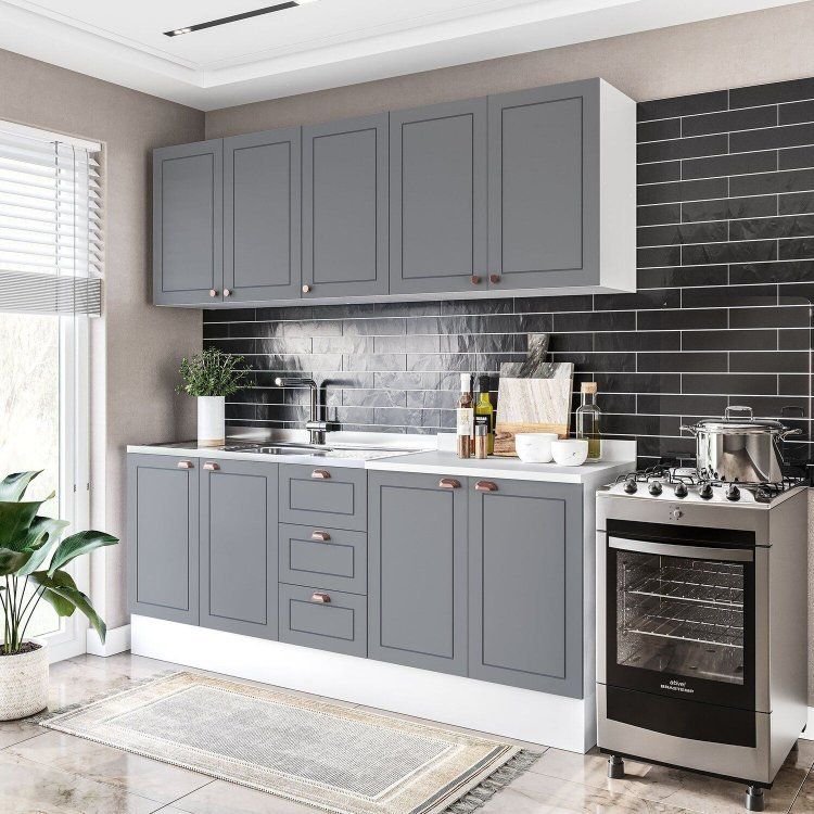 Cozinha Pérola com Rodapé 4 Peças Aéreos com 5 Portas, Balcões Yescasa Cinza/Branco Cinza/Branco