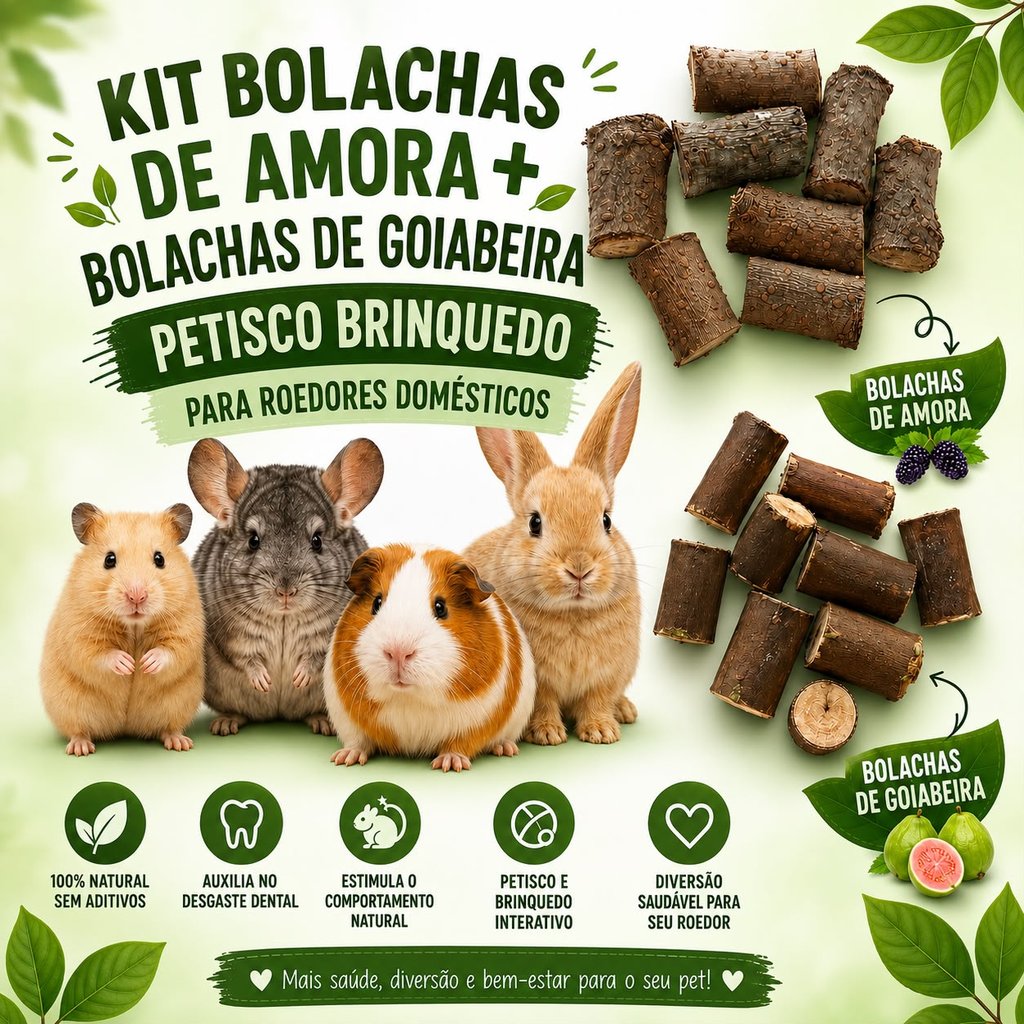 kit Bolachas de Amora + Bolachas de Goiabeira roedores brinquedo petisco coelhos hamsters chinchilas porquinhos