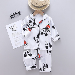 Pijama Infantil Mickey Mouse, Camisola de Seda de Manga Longa, Conjunto de Top de Cetim + Calças para Meninos e Meninas 