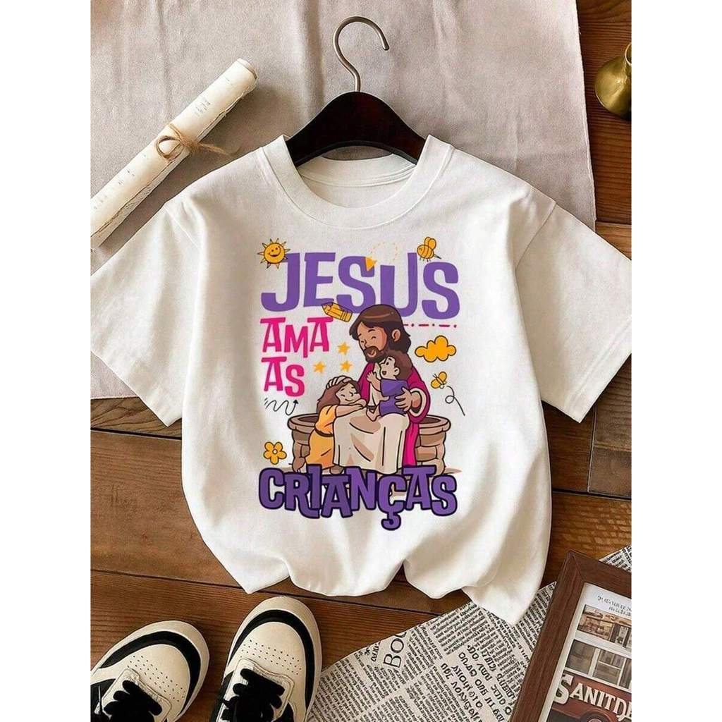 Camiseta Infantil Jesus Ama As Crianças 100% Algodão Fofo Estampa Religiosa