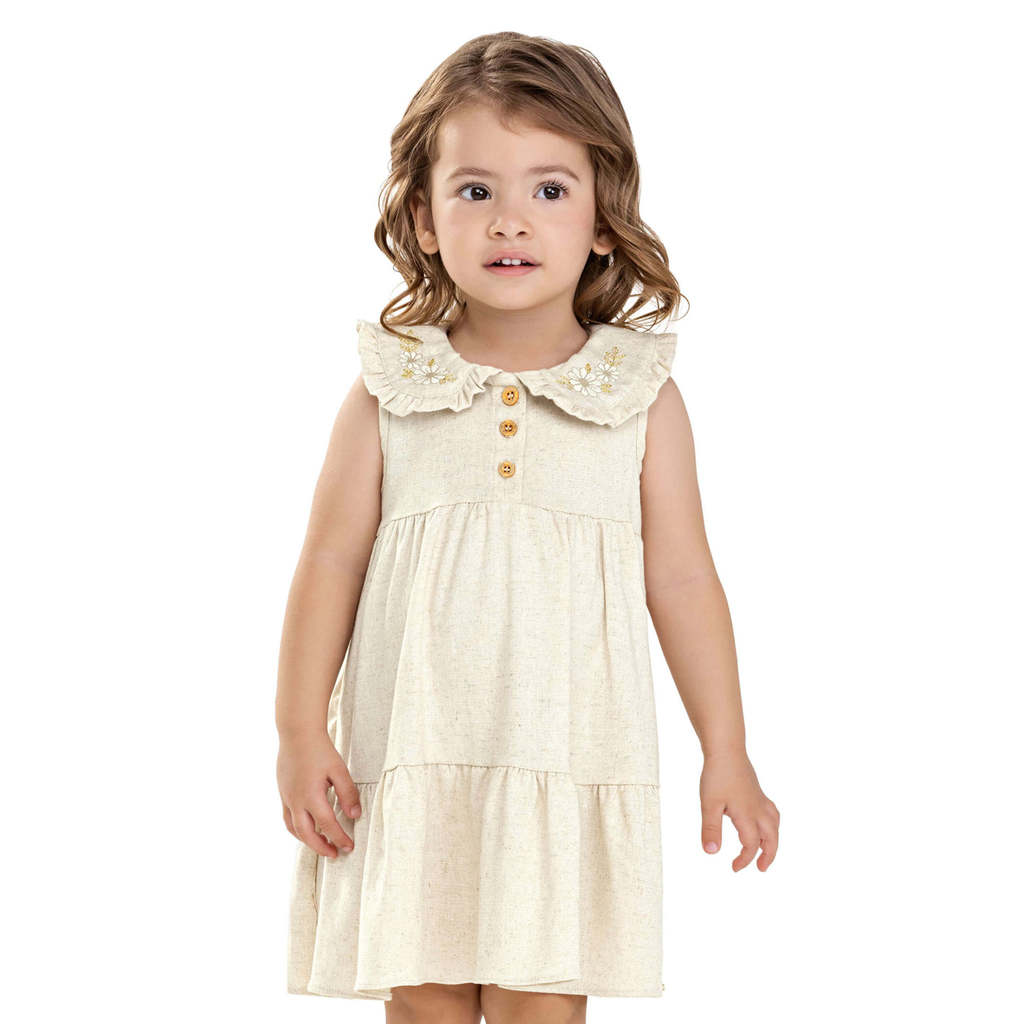 Vestido Infantil Menina Linho Bordado Colorittá Bege