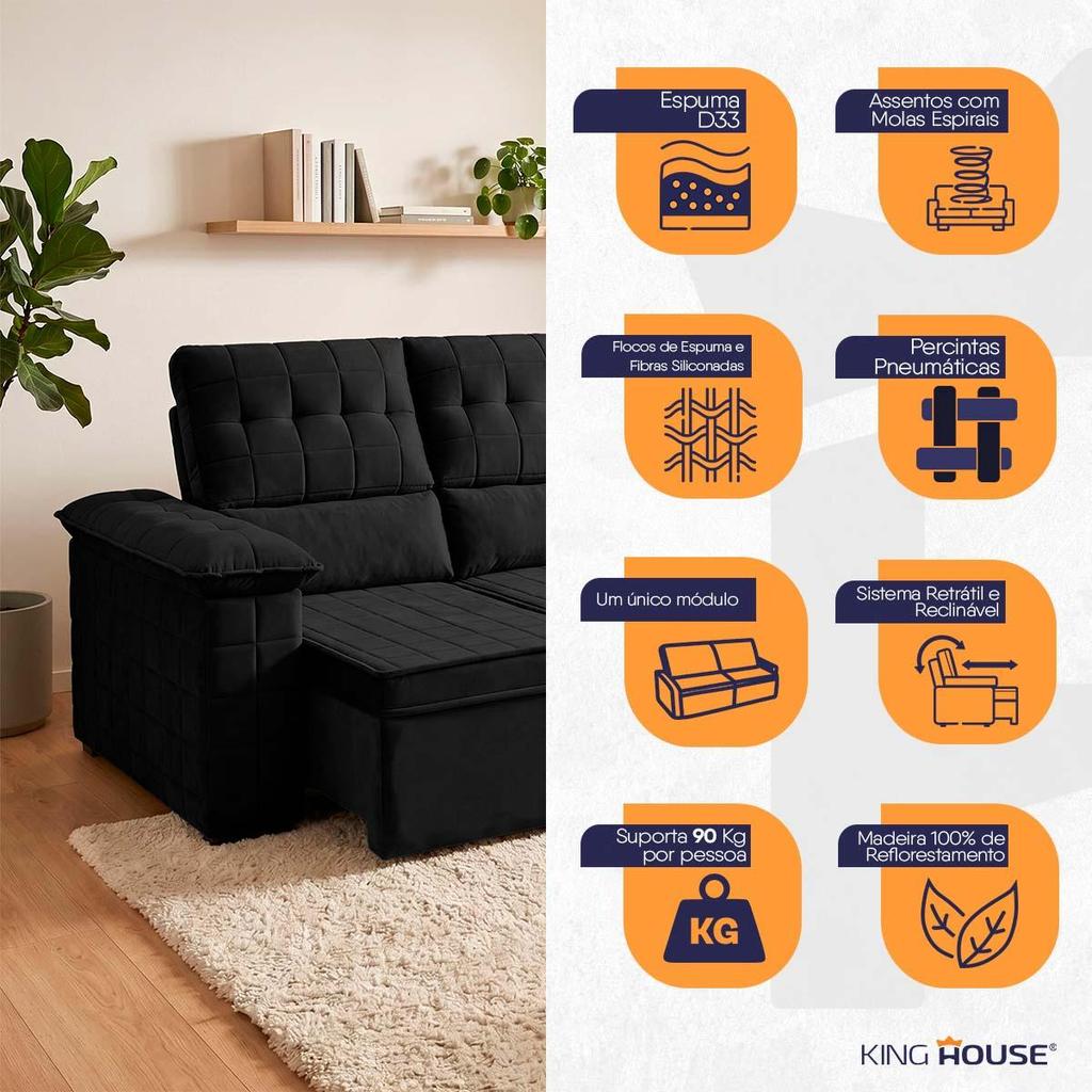 Sofá Retrátil Reclinável 4 lugares com molas 2,30m Quantum Suede Velut Preto - King House · foto 2