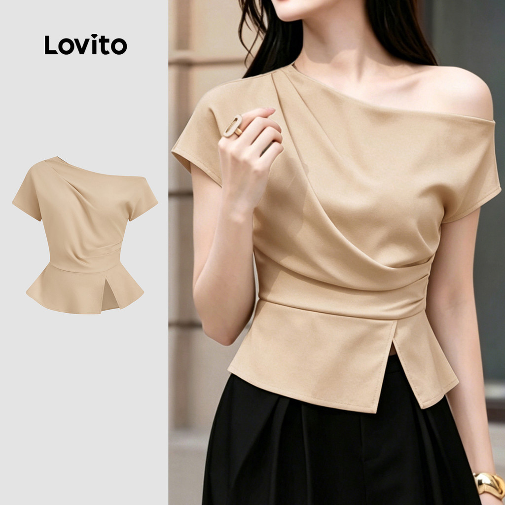 (New Arrival) Lovito Blusa Elegante com Caqui de Primavera/verão para Mulheres L