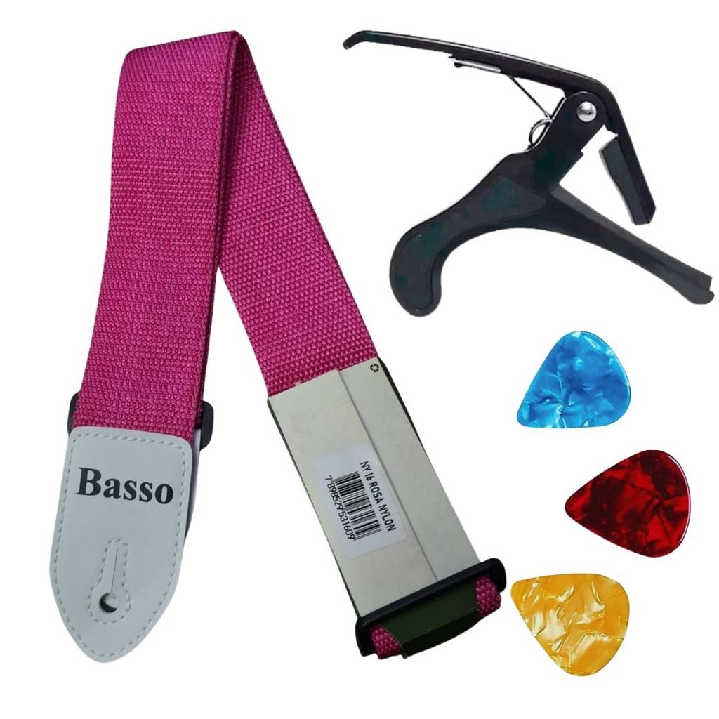 Kit Correia Basso + Capotraste VL BK + 3 Palheta